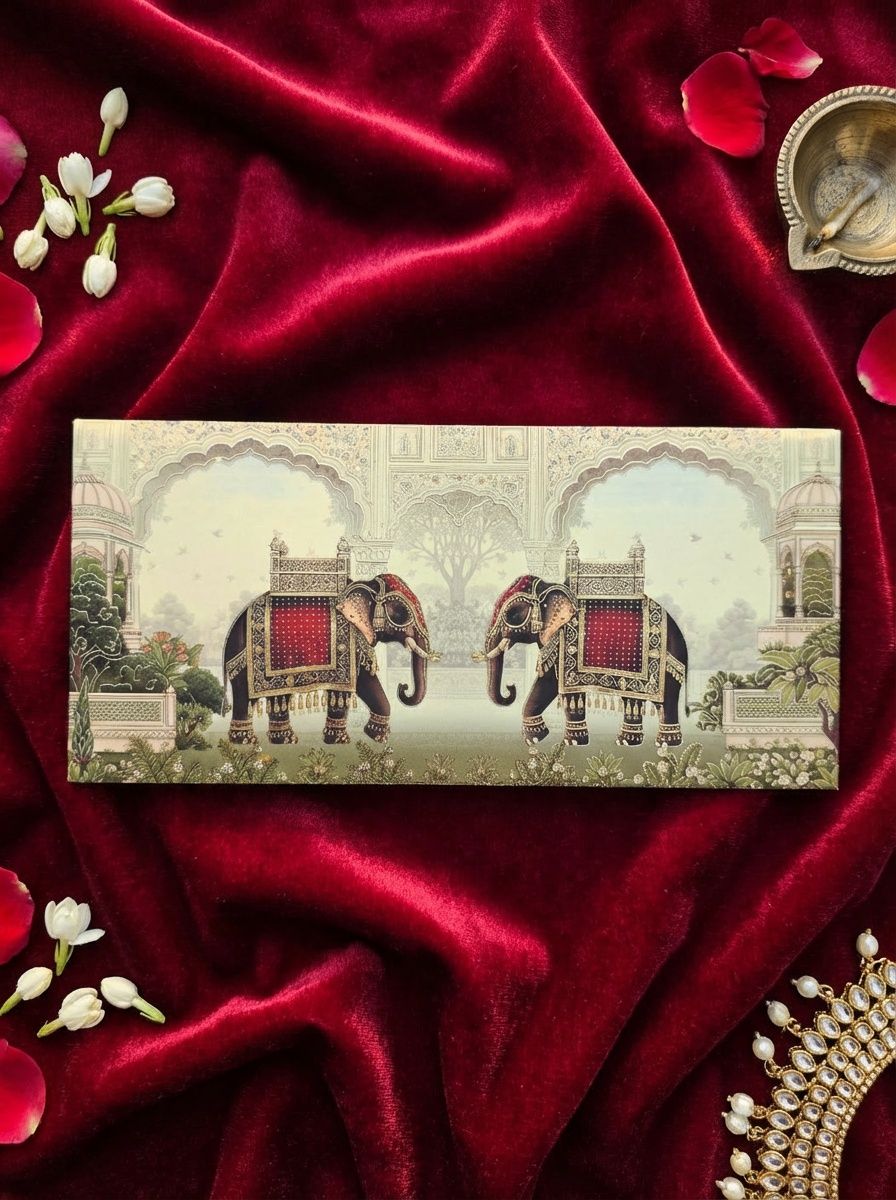 Elephant Procession Money Envelope – Royal Designer Shagun Envelope for Wedding & Festive Gifting