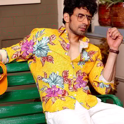 Hibiscus Flower Sunglow Yellow Casual Pure Linen Full Shirt (Size - S) by BLUE EAGLE