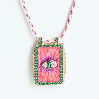 Eyelash Evil Eye Cubic Zirconia 18K Gold Pink Green Thread Anti Tarnish Necklace Pendant For Women