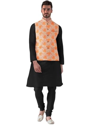 Men's Jacquard Printed Full Sleeve Waistcoat (Orange, 40)-PID53483