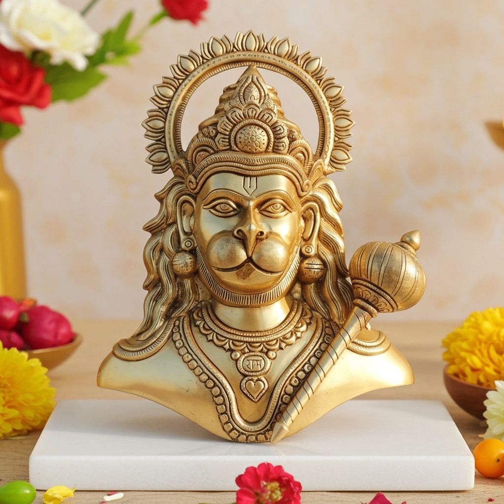 Brass Wall Hanging Hanuman Face Idol - Antique Hindu Decor, Height : 14 Inch (BSMAS1693 F)