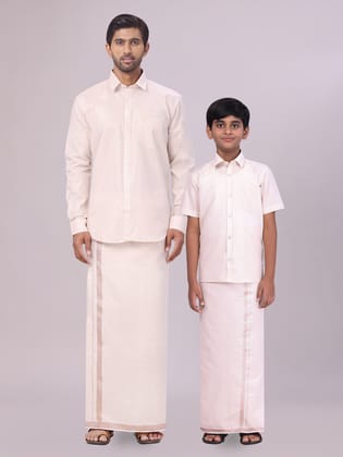 Father & Son Almond Colour Tissue Shirt with Jari Dhoti Combo-36 / F/S / Kids 01 - 02 Yrs
