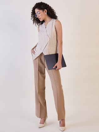 Brown Straight Fit High Waist Pin Tuck Trouser-XS