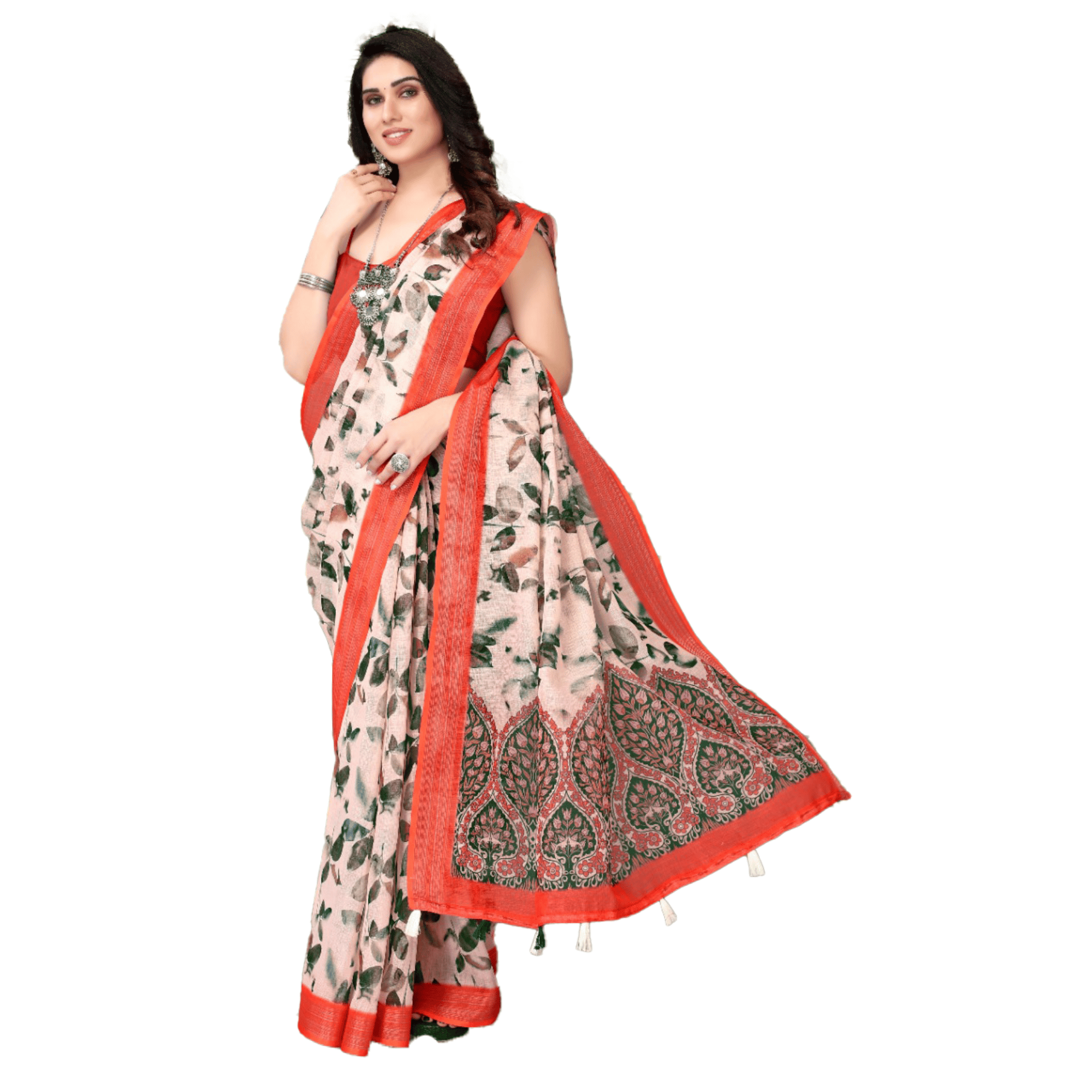 TheHangr Women's Pink Saree With Printed Leaf Pattern, Red Border With Beautiful Betel Leaf Print