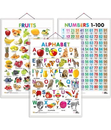 Set of 3 Alphabet, Fruits and Numbers 1-100 Early Learning Educational Charts for Kids | 20"X30" inch |Non-Tearable and Waterproof | Double Sided Laminated | Perfect for Homeschooling, Kindergarten and Nursery Students