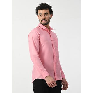 Alokk Men Regular Fit Solid Curved Collar Casual Shirt (Pink)