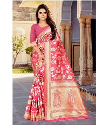 Gazal Fashions Banarasi Silk Printed Saree With Unstitched Blouse Piece ( Pink )