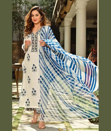 Royal Export Pack of 1 Cotton Blend Printed Straight Women's Kurti with Dupatta - ( White )
