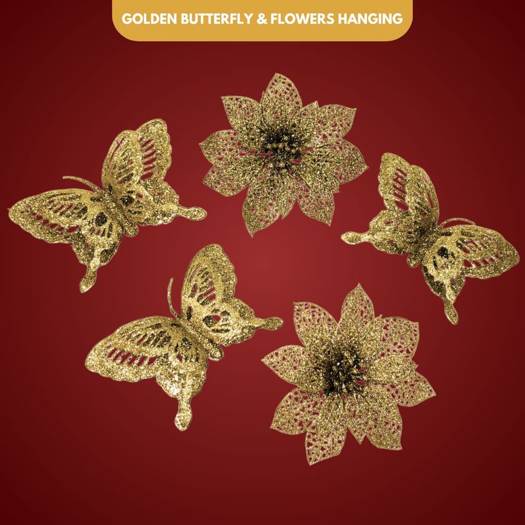 Butterfly & Flowers Hanging Golden - 5PC - Party and Festive Needs | Buy online on ZillyBuy