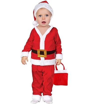 Kaku Fancy Dresses Santa Clause Christmas Day Costume for Kids in Velvet Fabric with White Beard, Cap, Belt and Bag-Red & White, For Boys 1-2 Years