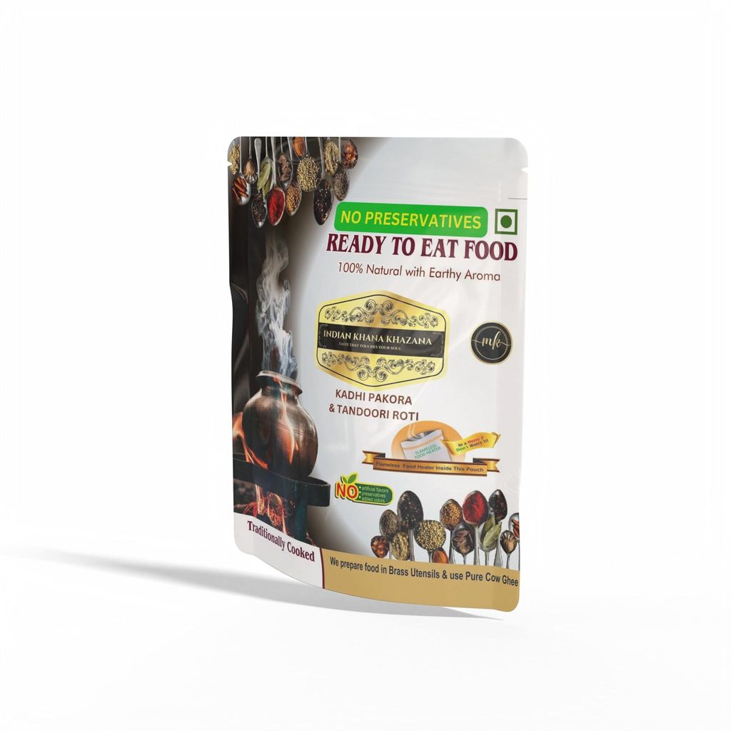 INDIAN KHANA KHAZANA Kadhi Pakora & Tandoori Roti 200gm + 2 Tandoori Roti | No Added Preservative and Colours | Serve Hot Anytime Anywhere with our Flameless Food Heater inside the Pack | Indian Tasty Flavour Ready to Eat Food Kadhi Pakora Tandoori Roti |