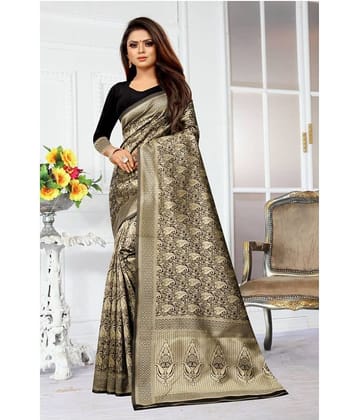 Gazal Fashions Banarasi Silk Embellished Saree With Unstitched Blouse Piece ( Black )