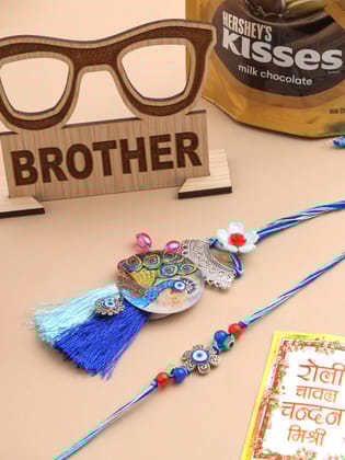 NVR Set of 2 Blue Evil Eye & Peacock Design Artificial Beads Bhaiya Bhabhi Rakhi Combo-One Size / Blue