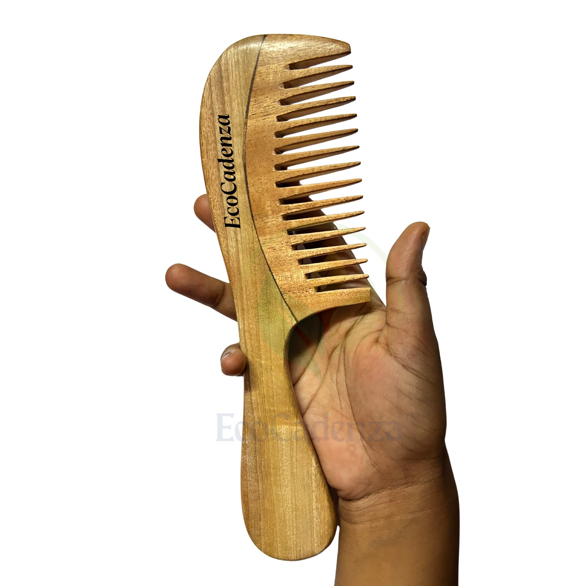 EcoCadenza Neem Wood Wide Tooth Detangling Comb with Handle for Hair Care