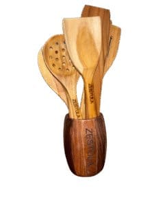 Zestula Wooden Kitchen Utensil Set with Holder | Natural Wood Finish | Durable Cooking Tools