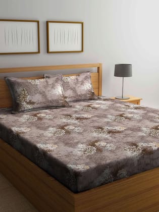 Brown & White Floral 300 TC King Bedsheet with 2 Pillow Covers