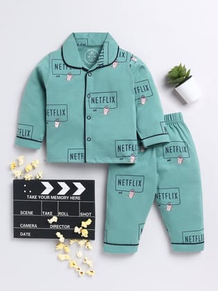 Green Netflix and Chill Full Sleeve Night Suit-6-9 m