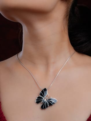 Smoky Winged Butterfly Silver Black Onyx inlay Pendant