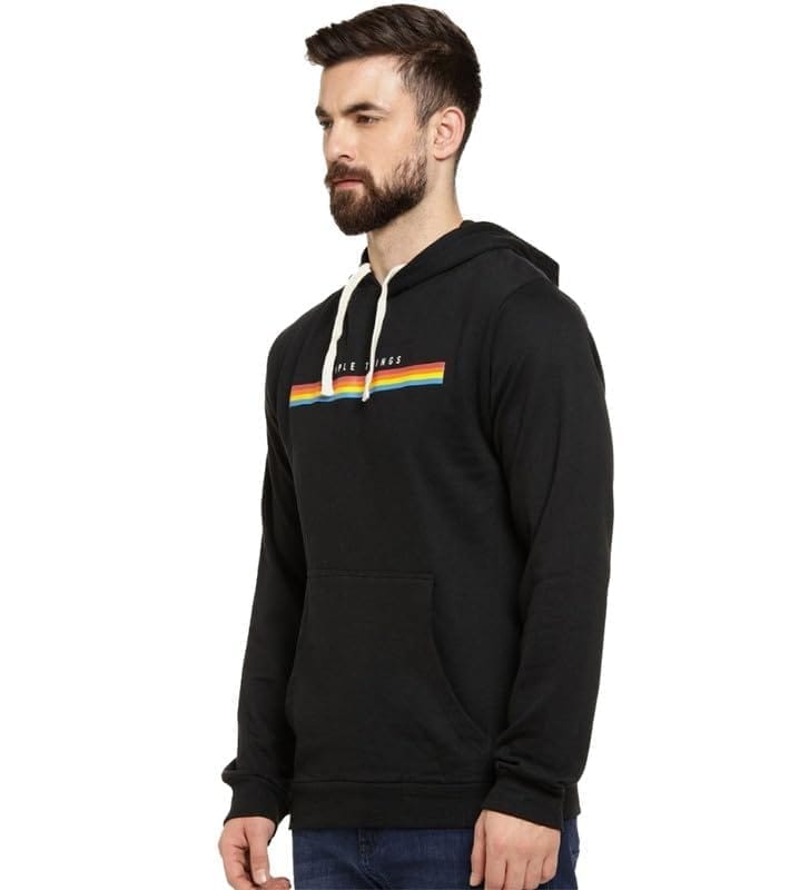 Men's Casual Solid Fleece Hooded Neck T-Shirt (Black, L)-PID47742