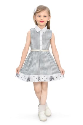 Be:Kids Grey Sweet Summer Stripes and Roses Cotton Dress with Peter Pan Collar