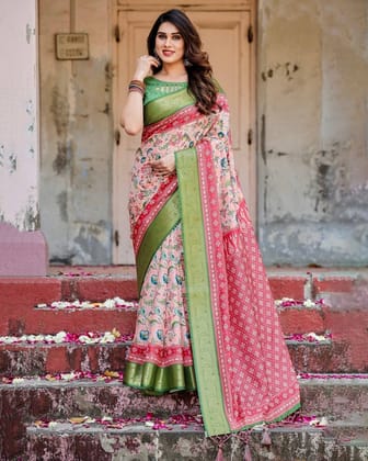 Blush Pink and Green Tussar Silk Saree with Floral Prints and Intricate Zari Work-Regular
