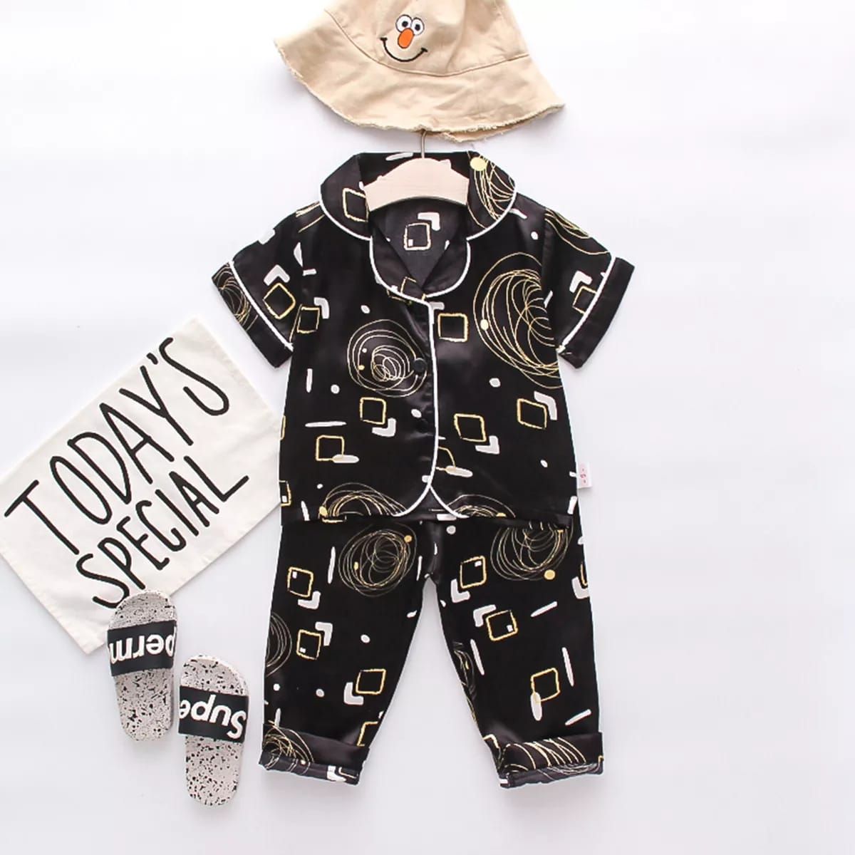 Printed Black Satin Co-ord Set for Boys and Girls-1-2 year