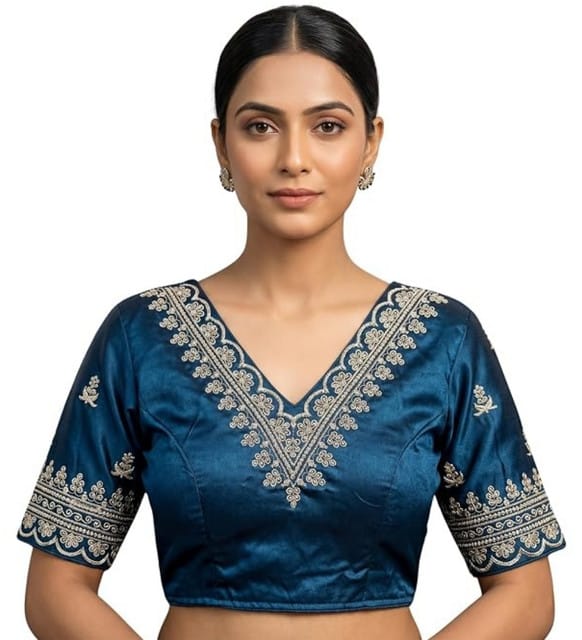 Women's Satin Embroidered Half sleeve V-Neck Padded Readymade Blouse (Teal, Size 38 - Self-Alterable 36โ40)
