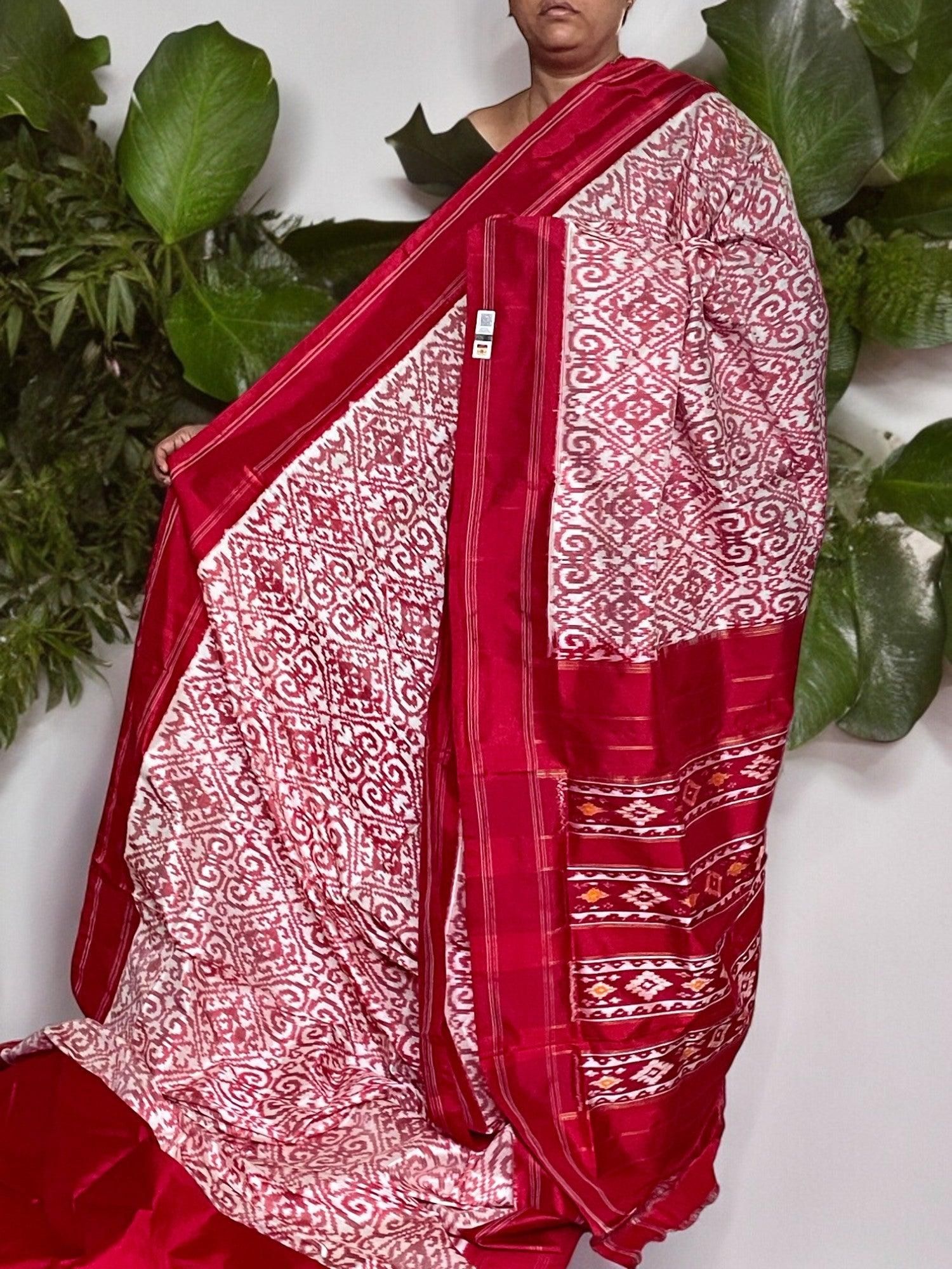 Pochampally Ikkat Patola Silk White Red