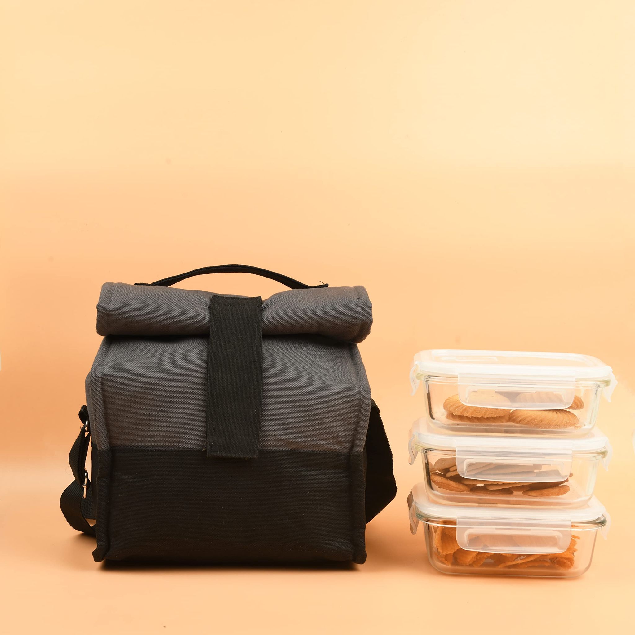 Femora Borosilicate Glass Rectangle Container Grey Black Lunch Box- 400 ML, Set of 3