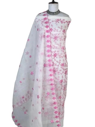 Kota Doria Dress Material White Pink Floral Jaal