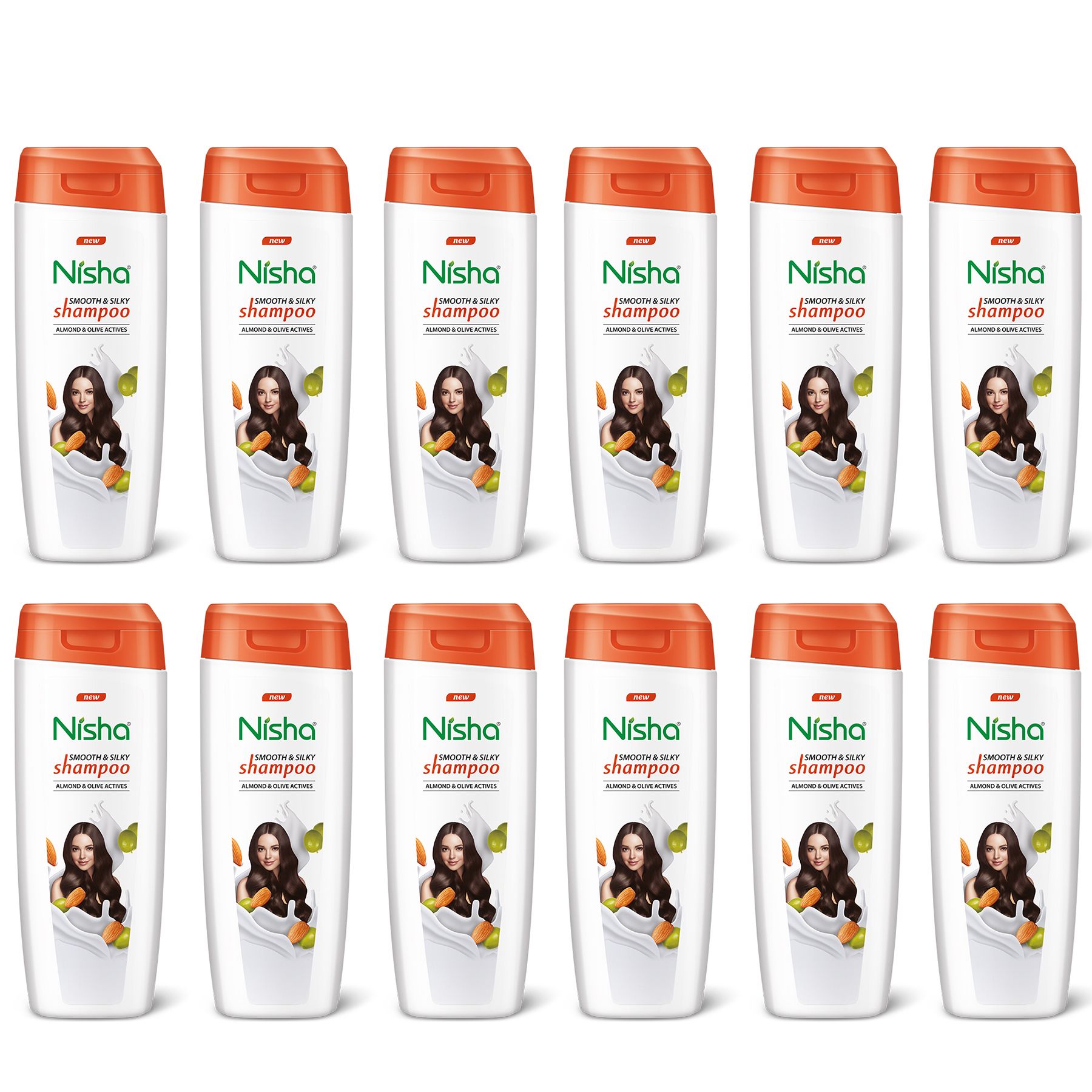 Nisha Smooth & Silky Shampoo for Women Men 75ml Pack of 12, Almond & Olive Actives Shampoo for Naturally Soft Silky Hair