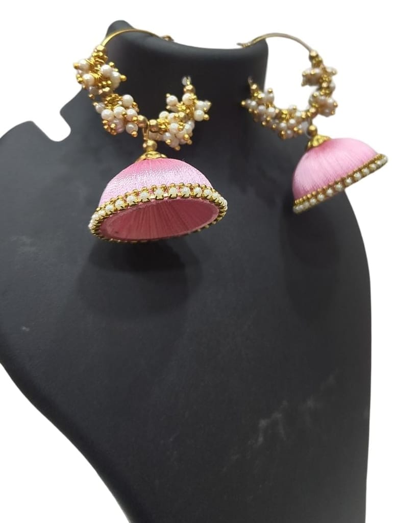 "Stunning Pink Silk Thread Jhumka Earrings with Pearl and Gold Beads for Women"