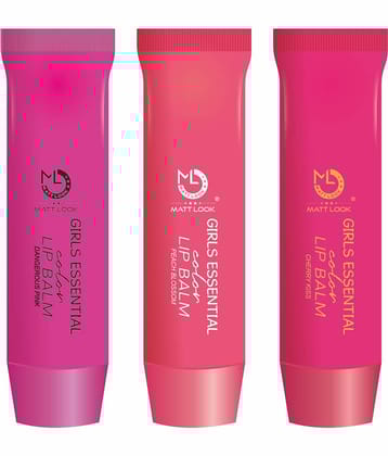 Mattlook Lip Makeup Girls Essential Color Lip Balm Moisturizing Lip, 3 Multi Flavours Cherry Kiss | Dangerous Red | Peach Blossom, Pack of 3 (10.5gm)