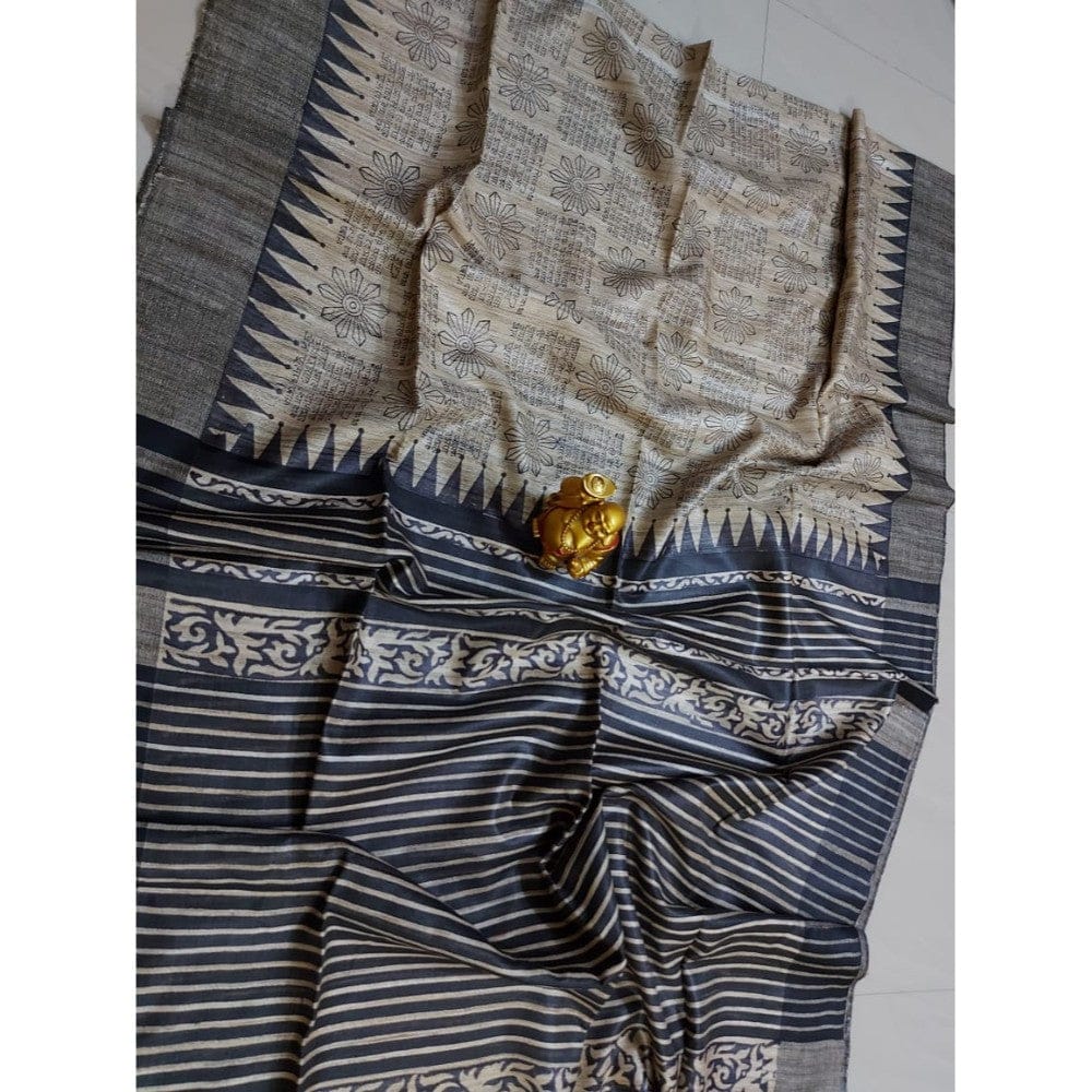 Silkmark Tussar Bright Blockprint Black & Beige Saree