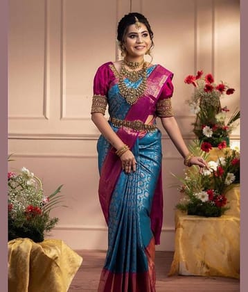 fab woven Art Silk Woven Design Banarasi saree With Unstitched Blouse Piece ( Teal )