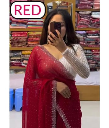 Gullak Georgette Embellished Saree With Unstitched Blouse Piece ( Red )
