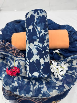 Indigo dabu Cotton Suit With Chiffon Dupatta