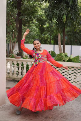 Laheriya & Bandhej Print with kutchi patche work in Faux Georgette.