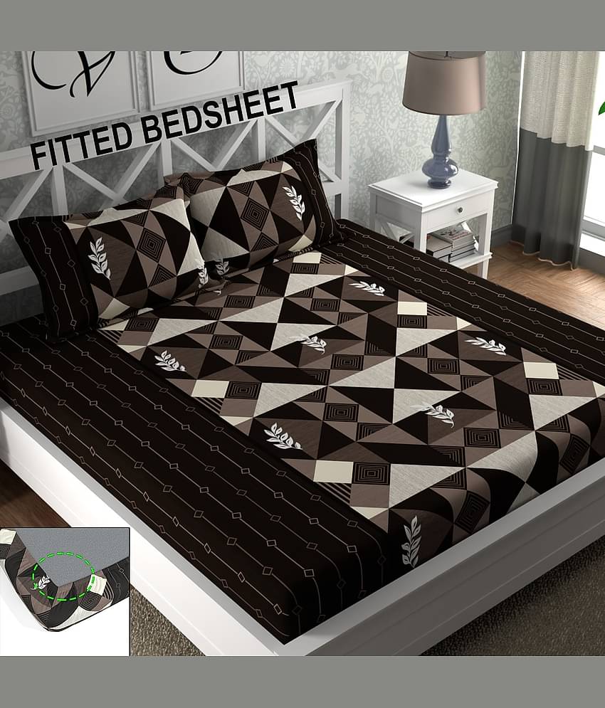 CG HOMES Microfibre Abstract Fitted Fitted bedsheet with 2 Pillow Covers ( Double Bed ) - Brown