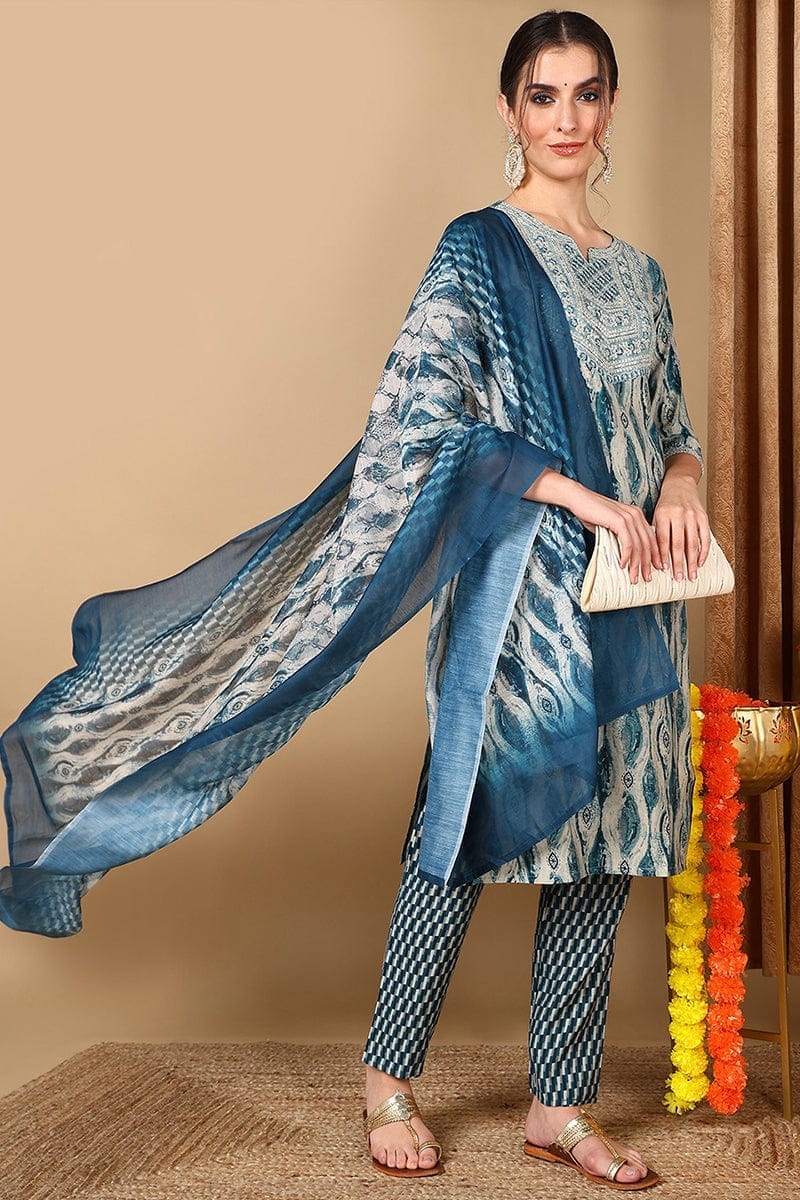 Blue Pure Cotton Ethnic Motifs Printed Yoke Design Suit Set VKSKD2044