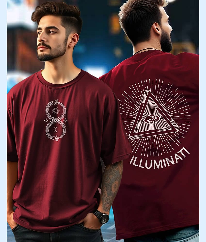 ENITOR Men Cotton Blend Oversized Fit Printed T-Shirt ( Maroon )