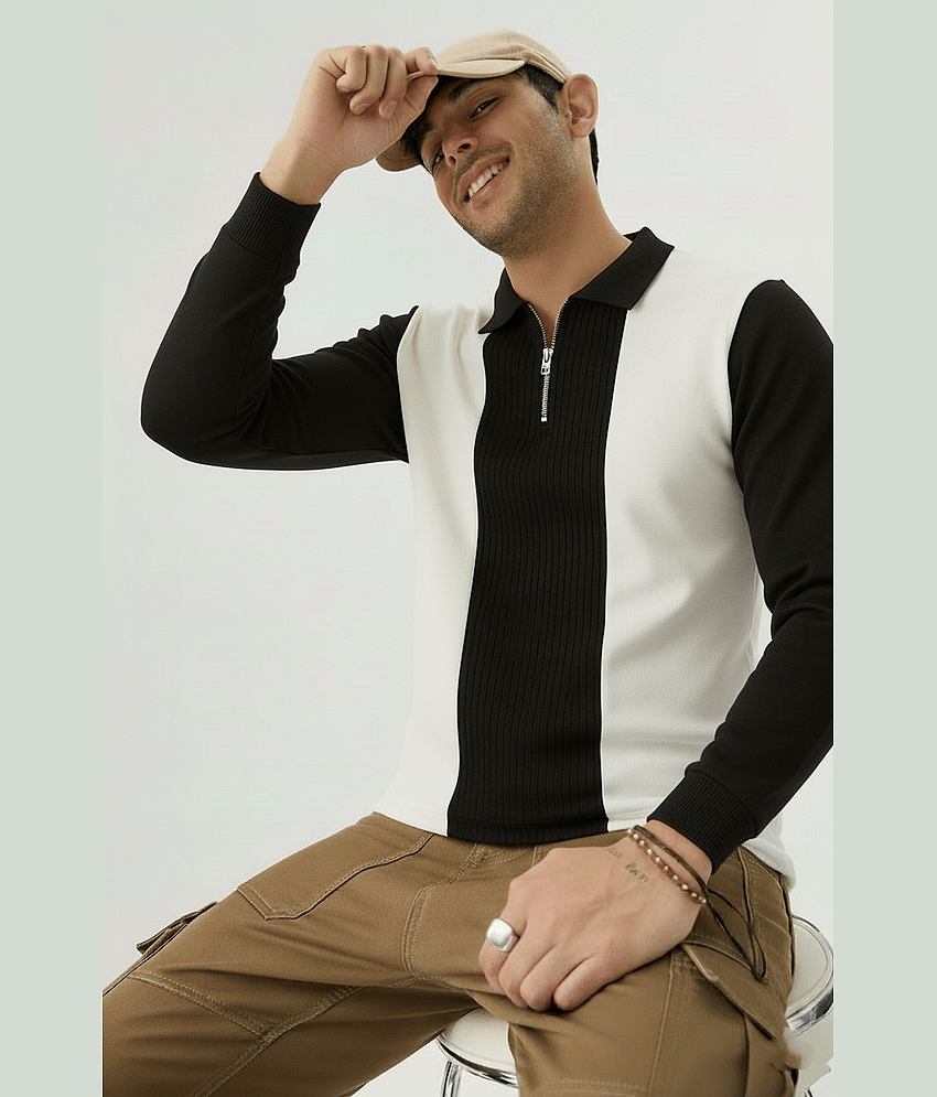 Try This Men Cotton Blend Regular Fit Colorblock Polo T Shirt ( Black )