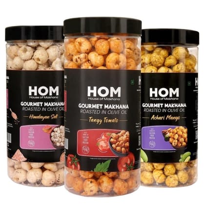 GOURMET MAKHANA Roasted in Olive Oil | Flavors Tangy Tomato, Himalayan Salt and Achari Mango | Combo Of 3, 65g Each. - 195 gm