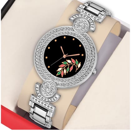 Bolun Black Flower Well Dial Silver BD Girls and Women Watch