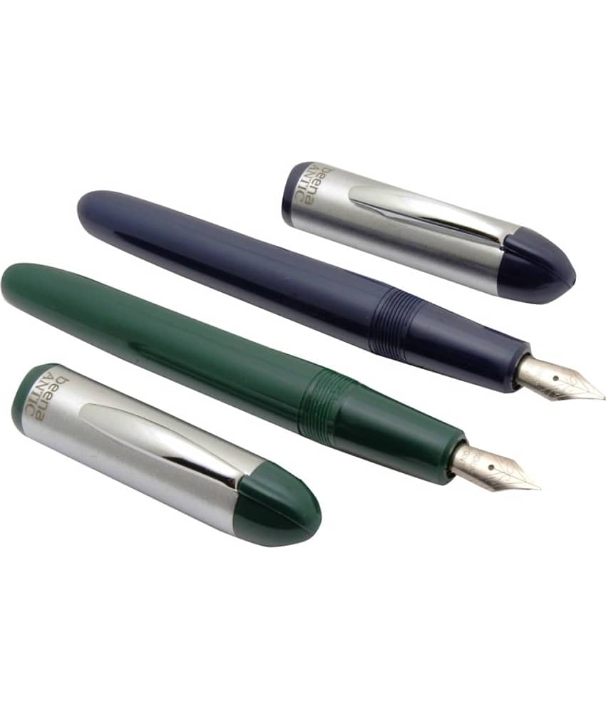 Srpc Set Of 2 - Beena Antic Fountain Pens 3in1 Ink Filling Mechanism Steel Cap Green & Blue