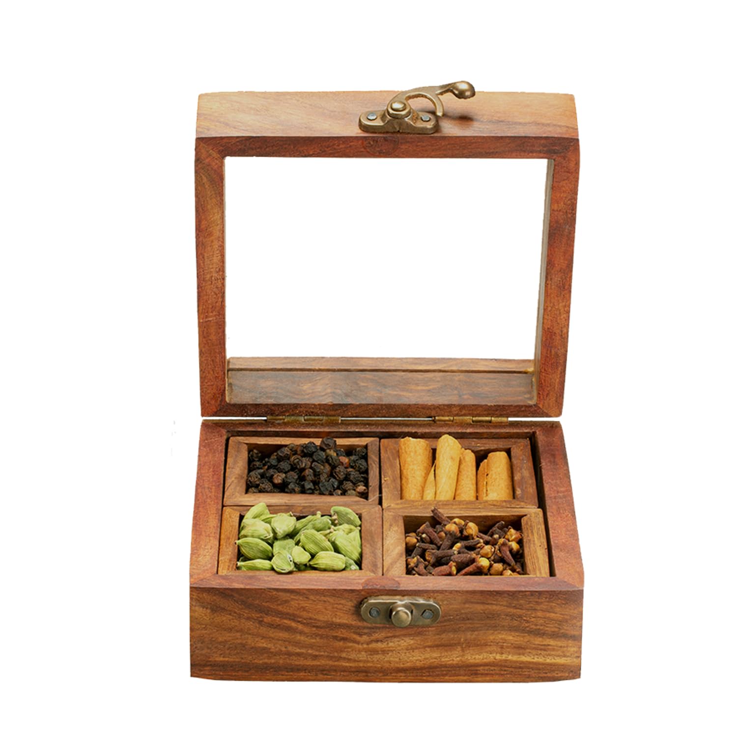 Keralaspicesonline Wooden Spice Box with Blend Spices (Sheesham Wood) - Spices Box for Kitchen, Handmade Decorative Masala Dabba Organizer, Masala/Namak Dani, 4 Containers & Spoon, Gift Hamper Pack
