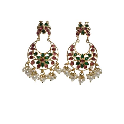 Anvaya Collections Traditional Peacock Chandbali Earrings with pink Green Stones & Pearls