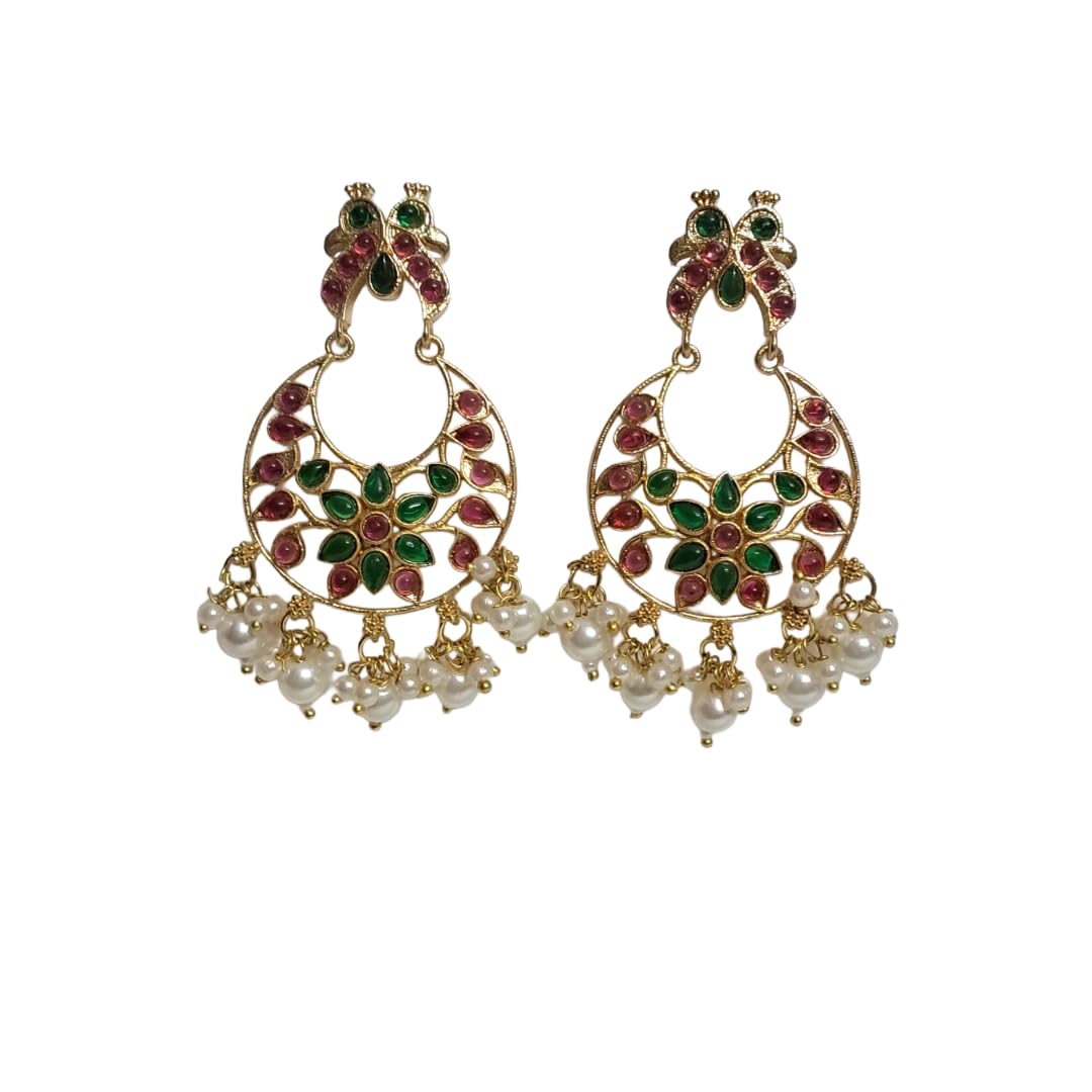 Anvaya Collections Traditional Peacock Chandbali Earrings with pink Green Stones & Pearls