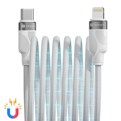 Portronics Maglink CL 27W Type C to 8 Pin Magnetic Coiled Cable, Strong Nylon Braided, Aluminium Alloy Material (White)