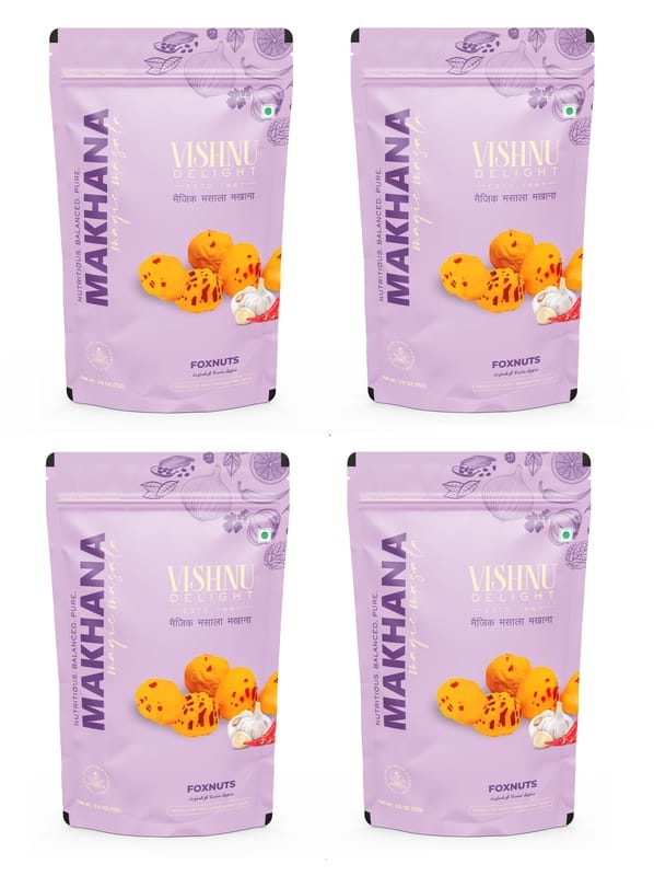 Vishnu Delight Organic Roasted Makhana, Magic Masala Flavor, 4 Packs of 60g Each - Crunchy, Deliciously, and  Full of Flavorful Indian Spices